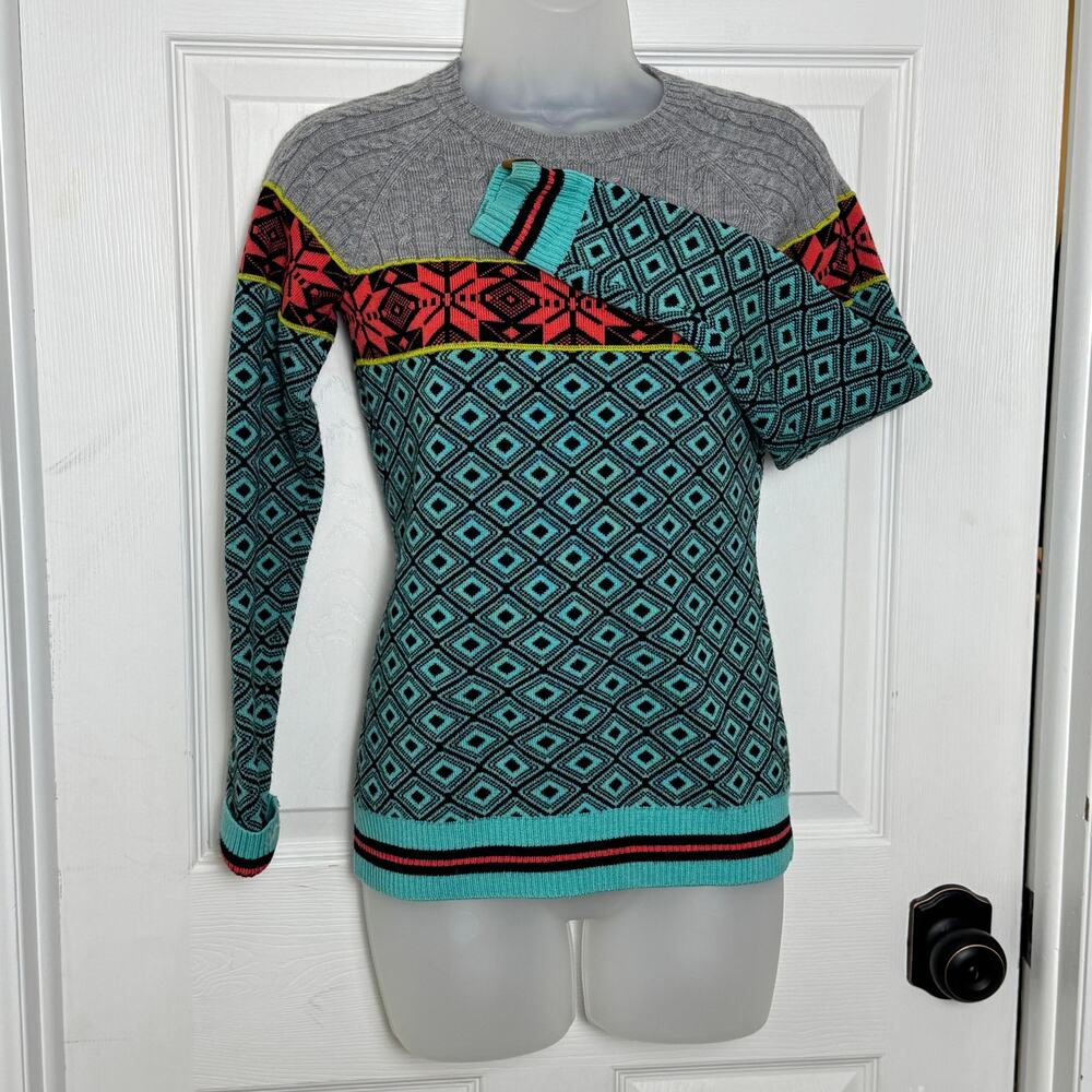 Neve Merino Wool Ski Sweater Cable Knit Nordic Geometric Crewneck Small